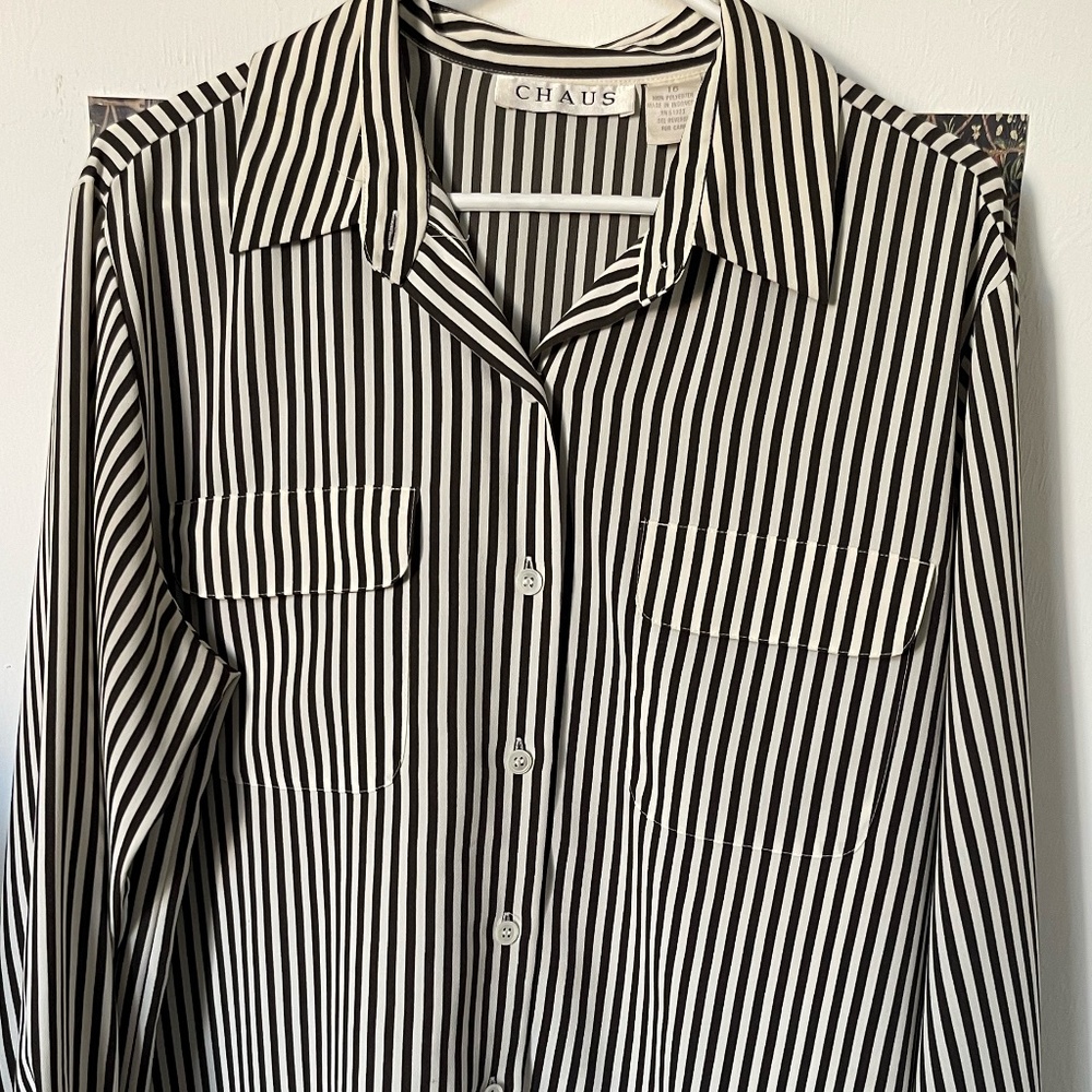 Chaus Dark Brown & White Striped Button-Down Blouse – Size 16